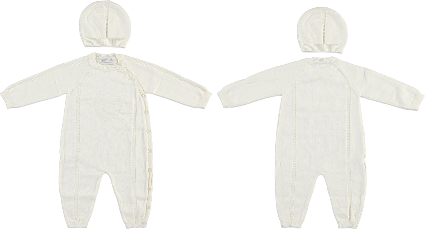 Monna Rosa Baby Girl Knitted Overalls, Hat & Blanket Gift Set - Ecru