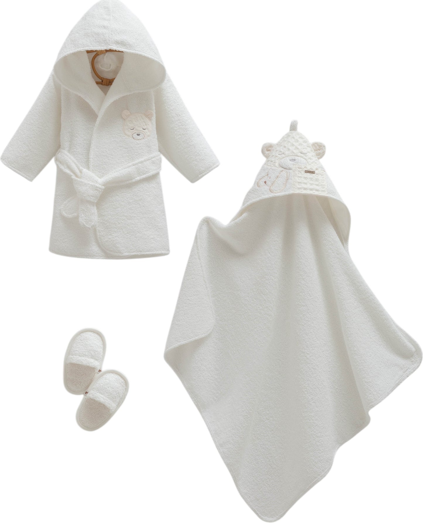 Caramell Basic Baby Boy Bathrobe, Towel & Slippers Set – Ecru