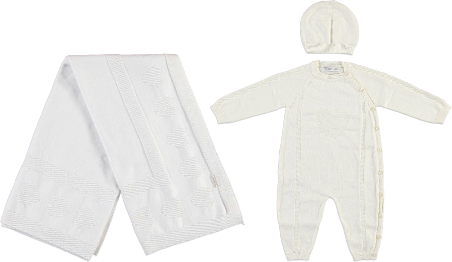 Monna Rosa Baby Girl Knitted Overalls, Hat & Blanket Gift Set - Ecru