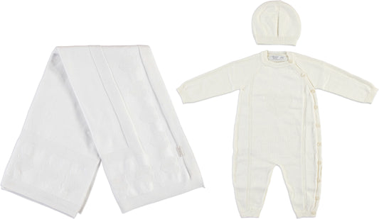 Monna Rosa Baby Girl Knitted Overalls, Hat & Blanket Gift Set - Ecru