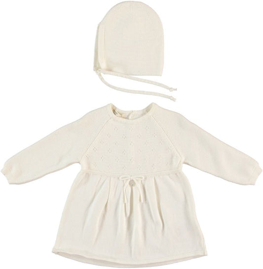 Monna Rosa Baby Girl Ecru Dress & Hat Set