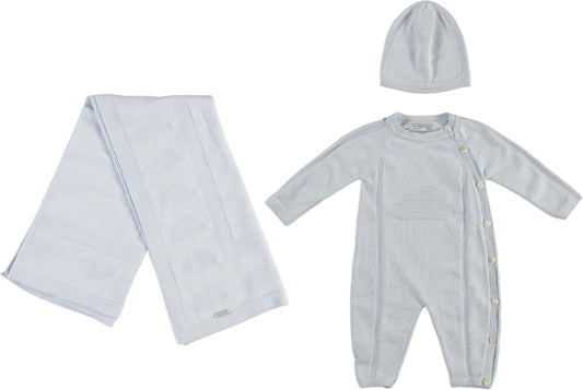 Monna Rosa Baby Boy Knitted Overalls, Hat & Blanket Gift Set - Blue