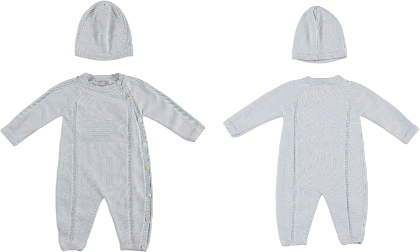 Monna Rosa Baby Boy Knitted Overalls, Hat & Blanket Gift Set - Blue