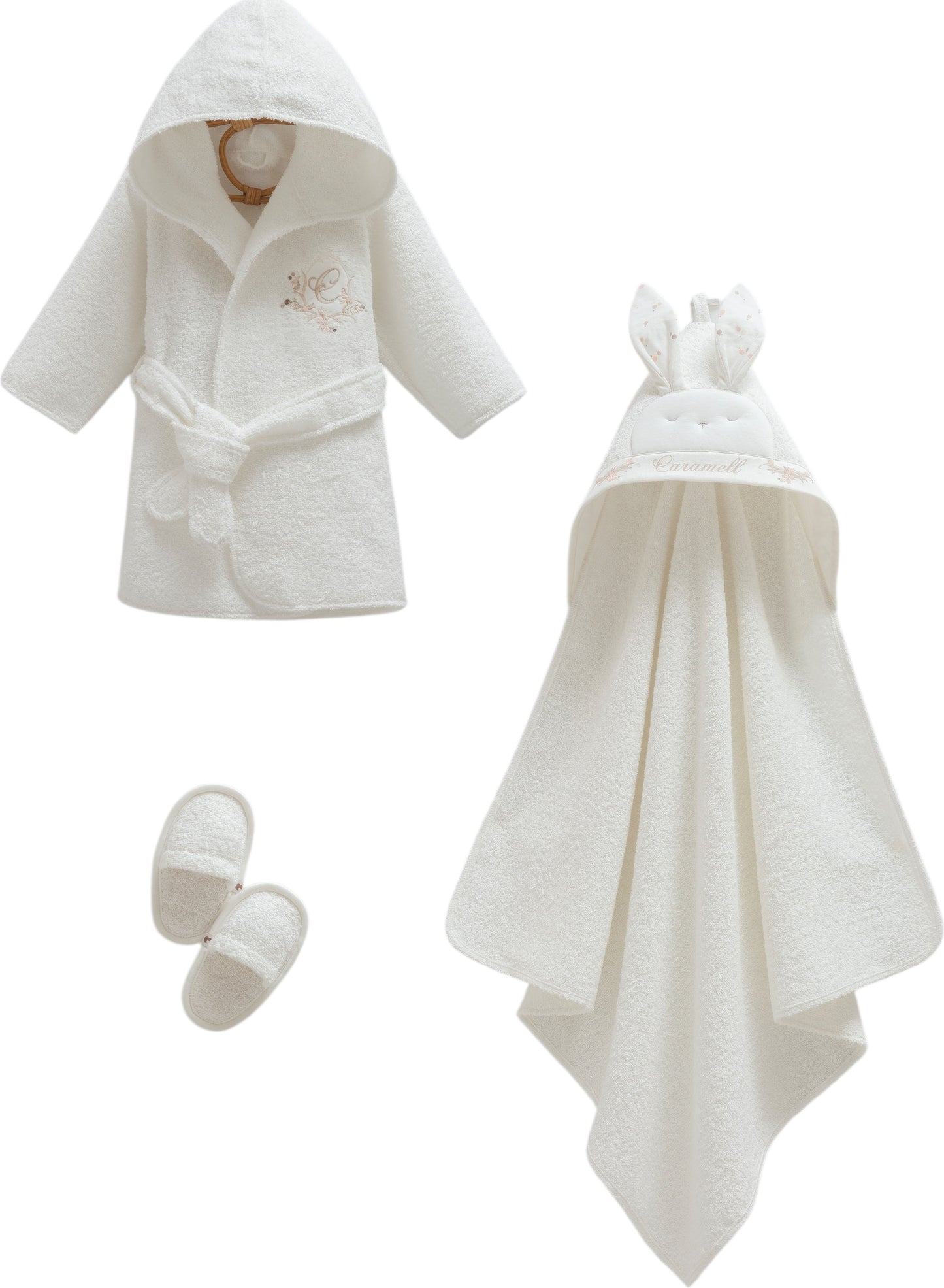 Caramell Basic Baby Girl Bathrobe, Towel & Slippers Set – Ecru
