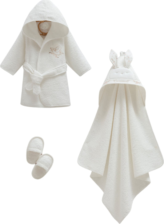 Caramell Basic Baby Girl Bathrobe, Towel & Slippers Set – Ecru
